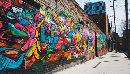 Fototapeta premium A graffiti-covered urban wall, showcasing vibrant colors, bold lines, and an edgy, artistic vibe