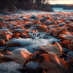 A snowflake is on the ground with a leaf in the middle.