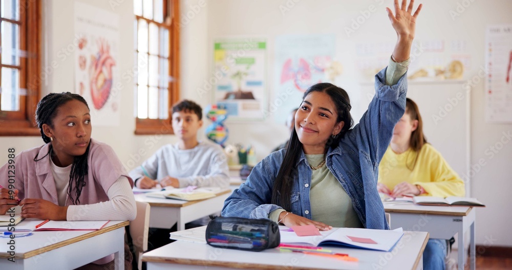 Poster happy girl, students and hands raised with question in classroom for interaction, learning or educat