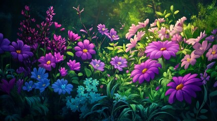 Serene Garden of Purple Blooms, a tranquil scene featuring a diverse array of purple flowers amidst lush greenery, highlighting vibrant shades and peaceful nature.