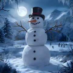 A snowman with a full moon in the background.