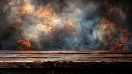 Rustic Wooden Table with Burning Fire Backdrop