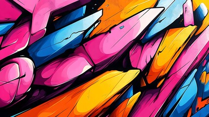 Urban pop art fusion, chunky bold shapes filled with neon colors, dynamic street-inspired graffiti lines, sharp angles and fluid curves blending in vibrant harmony,