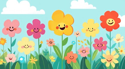 Fototapeta premium Joyful Garden Adventure, a whimsical illustration showcasing cheerful cartoon flowers with smiling faces, bursting with vibrant colors, perfect for captivating young readers.