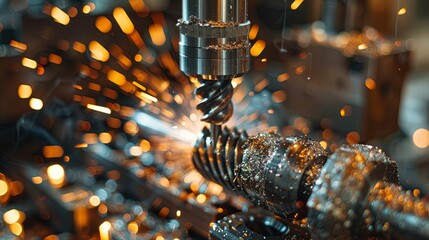 Close-up of a CNC Machine Drill Cutting Metal with Sparks