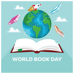 Globe and open book. Colorful book with a flying rocket. World Book Day concept. Flat vector illustration.