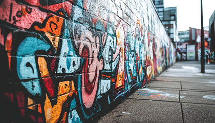 Obraz premium A graffiti-covered urban wall, showcasing vibrant colors, bold lines, and an edgy, artistic vibe