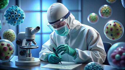 A scientist in protective gear works in a laboratory, surrounded by floating 3D representations of viruses. A microscope is visible nearby. The image conveys serious medical research in a high-tech en