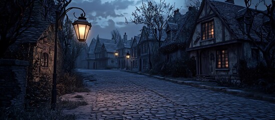 A flickering streetlamp casts a soft glow on an empty cobblestone street lined with old haunted houses