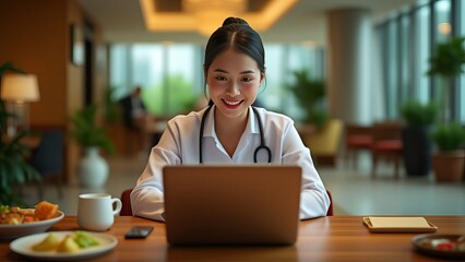 An asian office woman sitting in a hotel lobby, looking at a laptop, having a 1:1 video call, wearing modern clothes