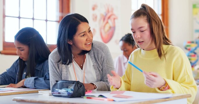 Happy teacher, student or girl with book for help, support or assistance on question at school. Young, female person or educator with learner or teenager for open exam, test or classroom assessment