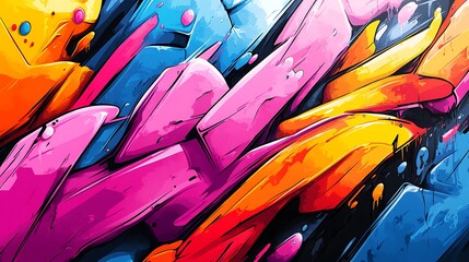 Vibrant abstract graffiti background, splashes of neon hues and chaotic lines crisscross the scene, capturing the frenetic energy of urban life. Fluid shapes mixed with jagged lines,