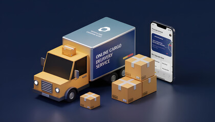 Polygonal 3d truck, parcels and smartphone in dark blue background. Online cargo delivery service, logistics or tracking app concept. Abstract vector illustration of online freight delivery service.