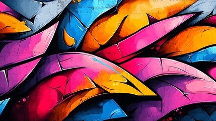 Vibrant graffiti collage with layered abstract shapes, each color and form building on the next, chaotic arrangement with harmonious flow, bold graffiti strokes, neon highlights,