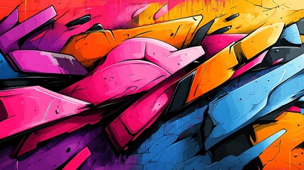 Vibrant graffiti collage with layered abstract shapes, each color and form building on the next, chaotic arrangement with harmonious flow, bold graffiti strokes, neon highlights,