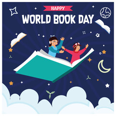 Children fly over books. Read books to increase insight and knowledge. Happy Book Day concept. Flat vector illustration.