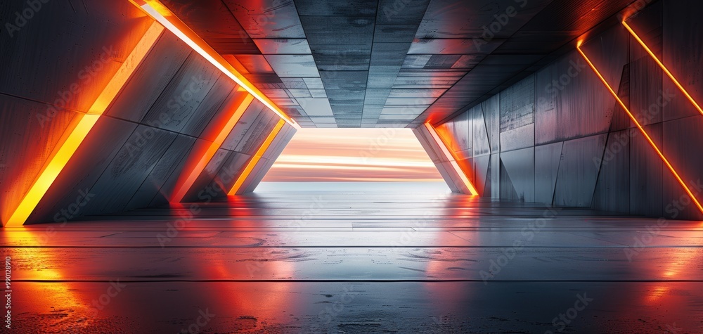 Poster futuristic hallway with glowing orange lights and reflective floor, creating a modern and dynamic at