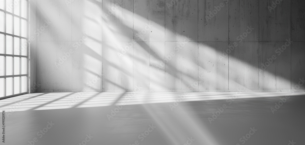 Aufkleber a minimalistic interior space with light streaming through large windows, casting shadows on the con