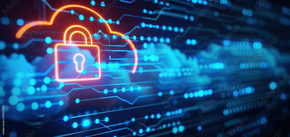 Aufkleber Futuristic cloud with a lock symbol, illustrating advanced cybersecurity concepts in a digital setting.