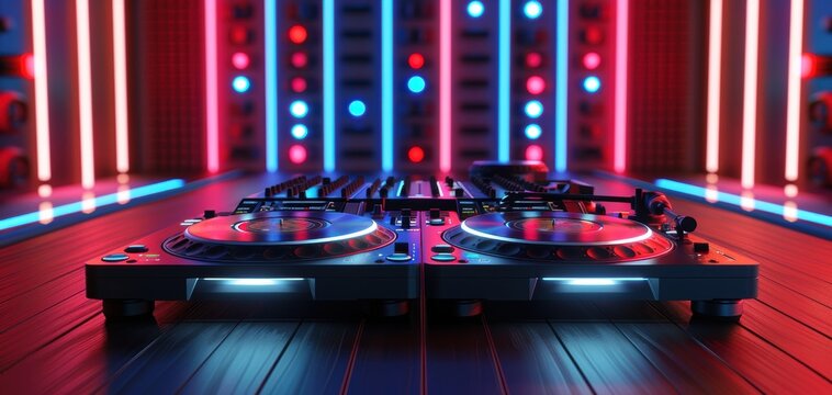 Modern DJ equipment with vibrant LED lights in a nightclub setting, perfect for nightlife and music events.