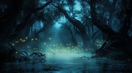 A foggy swamp illuminated by the eerie glow of fireflies with twisted trees and dark waters below