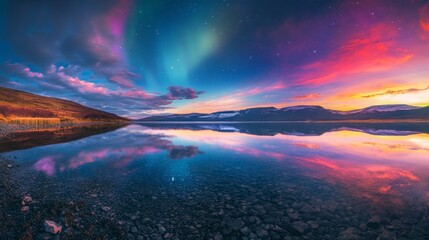 Fototapeta premium Vibrant Lake Reflections, a serene lake mirrors the dazzling aurora lights above, showcasing a stunning display of dynamic colors in a tranquil natural setting.