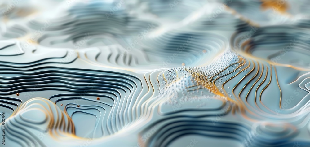 Poster Abstract fluid patterns with smooth curves and lines in varying shades of blue and gold, creating a visually interesting background or texture for design projects.
