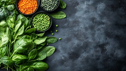 An artistic composition of fresh greens and legumes on a plain background with ample room for text at the top