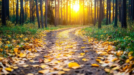 Obraz premium Golden Autumn Path in Forest with Sunlight