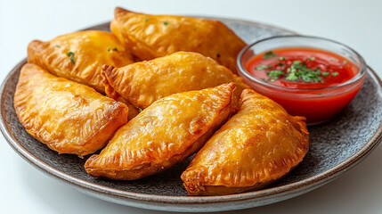 Delicious golden empanadas served with fresh tomato sauce for dipping, perfect for appetizers or snacks.
