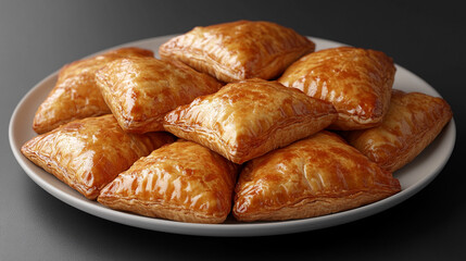 Fototapeta premium Delicious golden-brown pastries arranged on a plate, perfect for snacks or desserts. Ideal for food photography and culinary inspiration.
