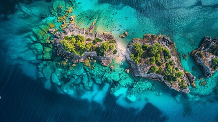 Aerial View of a Small Island with Lush Green Trees and Turquoise Waters
