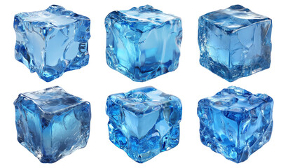 Fototapeta premium Set of blue ice cubes with sharp edges and glossy surface isolated on transparent background