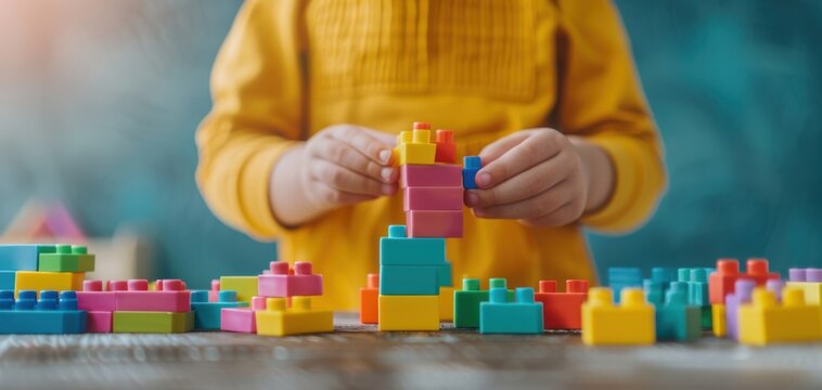 A child stacking colorful building blocks, fostering creativity and fine motor skills in a playful environment.