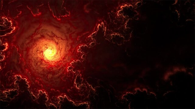 Fiery storm, vortex, explosion or nebula loop. Abstract fractal art background with copy space.