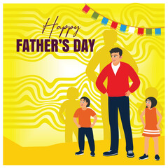 A father and children stand together. Paper flag decoration on yellow background. Father's Day concept. Flat vector illustration.