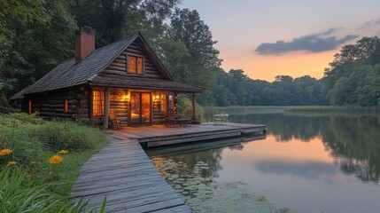 Obraz premium Serene lakeside cabin at sunset with wooden dock and reflections.