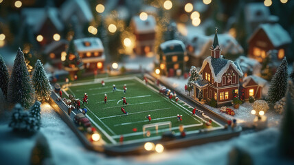 Obraz premium Miniature soccer match in a quaint village during the holiday season at night