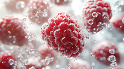 Fresh raspberries submerged in water, showcasing vibrant colors and intricate textures, perfect for food and health themes.