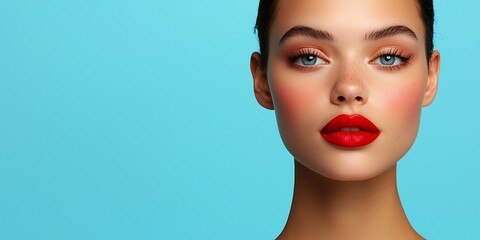 A towering billboard with an image of a cosmetics model with soft, glowing skin, positioned on the far left, with open space on the right for customizable text 