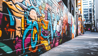 Obraz premium A graffiti-covered urban wall, showcasing vibrant colors, bold lines, and an edgy, artistic vibe
