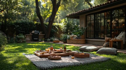 Obraz premium Cozy outdoor picnic setup with food and drinks on a grassy lawn.