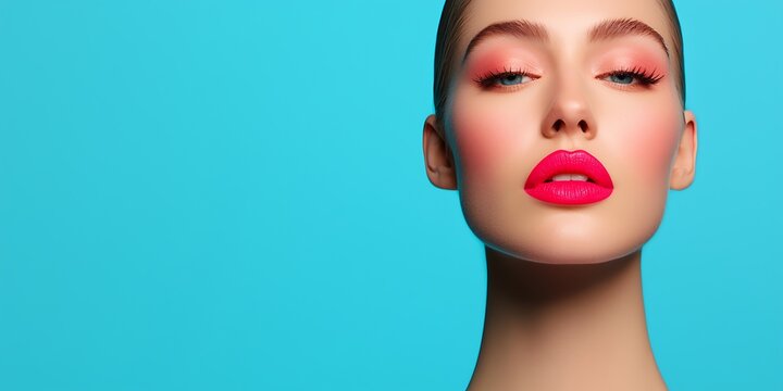A towering billboard with an image of a cosmetics model with soft, glowing skin, positioned on the far left, with open space on the right for customizable text 