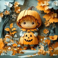 Naklejka premium Halloween scene featuring Cute pumpkin-headed boy in a delicate paper-cutout style, with soft pastel colors and intricate details. 
