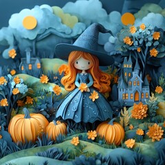 Halloween scene featuring Friendly witch in a delicate paper-cutout style, with soft pastel colors and intricate details. 