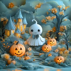 Whimsical Halloween scene featuring friendly ghost wearing a bowtie in a paper-cutout style