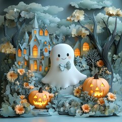 Halloween scene featuring ghost wearing a bowtie in a delicate paper-cutout style