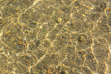 Texture of sea water with sand. Trendy light beige iridescent color of sea water. Set Sail Champagne warm sea sand in the sun. Abstract natural background. Layout for Wallpapers, postcards, banners.