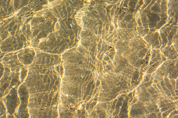 Texture of sea water with sand. Trendy light beige iridescent color of sea water. Set Sail Champagne warm sea sand in the sun. Abstract natural background. Layout for Wallpapers, postcards, banners.