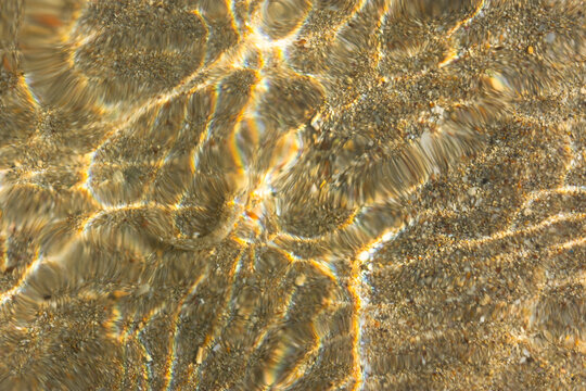 Texture of sea water with sand. Trendy light beige iridescent color of sea water. Set Sail Champagne warm sea sand in the sun. Abstract natural background. Layout for Wallpapers, postcards, banners.